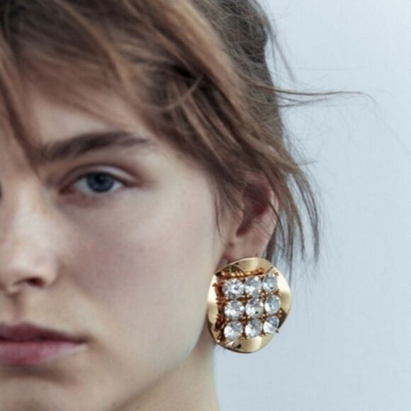 New ZARA  Exaggerated silvertone circular statement earrings with purple rhinest - Picture 7 of 10